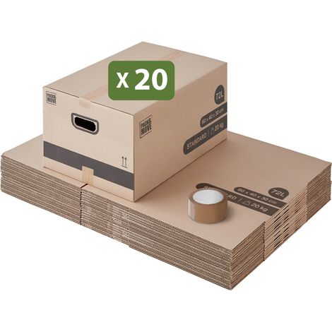 Lot de 20 cartons déménagement M 60 x 40 x 30 cm – Poignées renforcées – Charge max 20 kg – Capacité 72 litres – Pack And Move