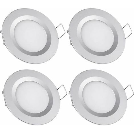 Vier LED-Einbaustrahler, 12 V, Einbautiefe 58-65 mm, 3 W, 3200 K, geeignet für den Einbau in Deckenleuchten von Wohnmobilen, Booten, Wohnwagen, Transportern und Yachten, warmweißes Licht (silberne Aus (1/5)