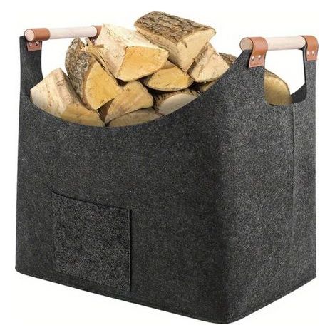 Cesto portalegna Enowelir XL in feltro extra spesso con manico rinforzato. Cesto pieghevole in feltro per riporre la spesa, la legna, i giornali o la legna da ardere (grigio scuro). (1/5)