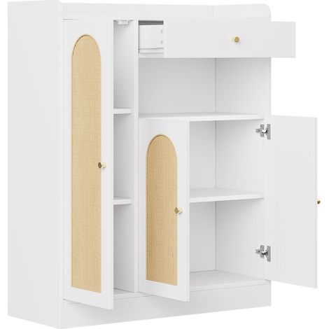 Meuble à chaussures / armoire de rangement en rotin avec espace de rangement, 1 tiroir, 3 portes avec étagères réglables, pour l'entrée, la salle à manger et le couloir, blanc + bois, dimensions: 90 x (1/5)
