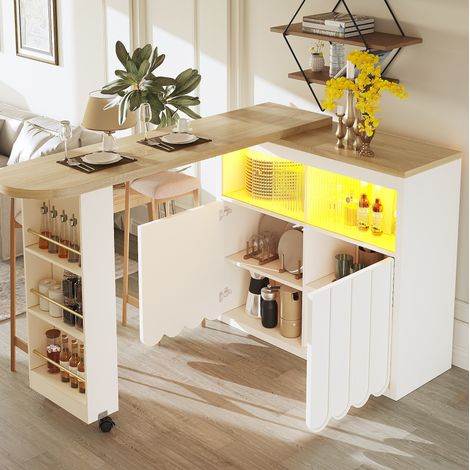Table de bar extensible 135-205x39x100 cm avec LED, USB et rangement, blanche (1/5)