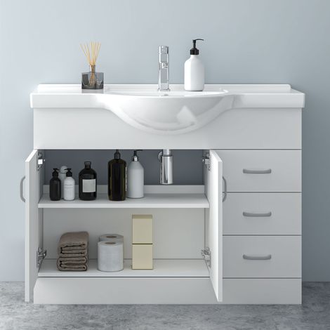 1030340 High Gloss White MDF Vanity UnitгмFreestandingгмDetachableгмSoft CloseгмThree Drawerгм Dual-door
