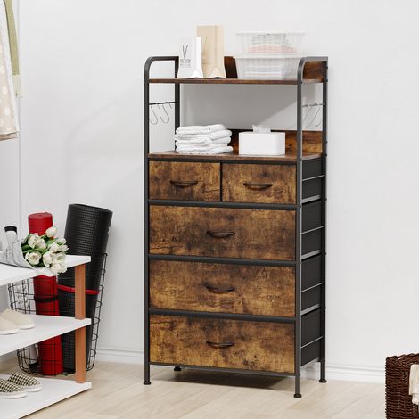 GARVEE Commode 5 Tiroirs 60x30x119,5cm Poignées en Bois Massif, Meuble de Rangement Polyvalent pour Chambre, Entrée, Salon - Structure Métal Robuste et Plateau Bois Imperméable (Marron) (1/5)