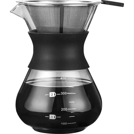 Manuelle Filterkaffeemaschine mit 400 ml (14 oz) Fassungsvermögen, papierloser Glaskanne, Edelstahlfilter und wiederverwendbarem Filterhalter. (1/5)