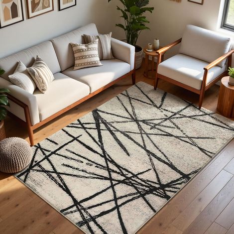 Tapis Salon Tapis de Chambre à Poils Courts Artistique Bohème Moderne Antiderapant Doux Motif Abstrait Géométrique (Beige/Rayé Noir, 80 x 120 cm) (1/5)