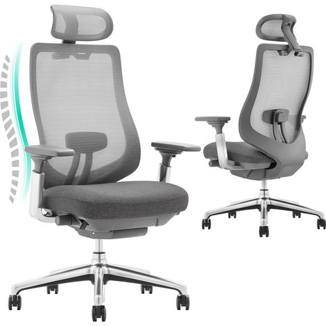Chaise de Bureau Ergonomique, Fauteuil de Direction en Mesh avec Appui-Tête Réglable, Chaise de Bureau avec Accoudoirs 4D, Base en Aluminium/Siège Coulissant, Gris Foncé (1/5)