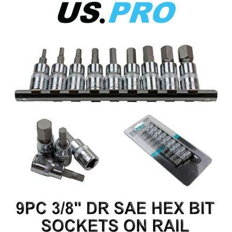 US PRO 9pc 3/8" dr SAE / Imperial Hex, Allen Bit Sockets Socket Rail 3385 (1/4)
