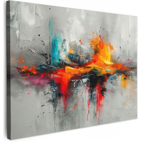 TABLEAU SUR TOILE Art moderne - Orange - Gris - Abstrait Tableau Décoration Murale Salon Tableaux muraux 80x60 cm