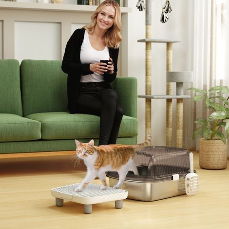 Überdachte Katzentoilette mit Edelstahlwanne, hohem Rand, Schaufel, Trittstufe und Streuauswurfbereich, Grau