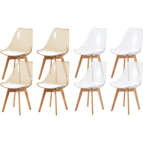 8er-Set Esszimmerstühle transparent mit weißem PU-Leder Sitzkissen, Buche Beine (1/5)