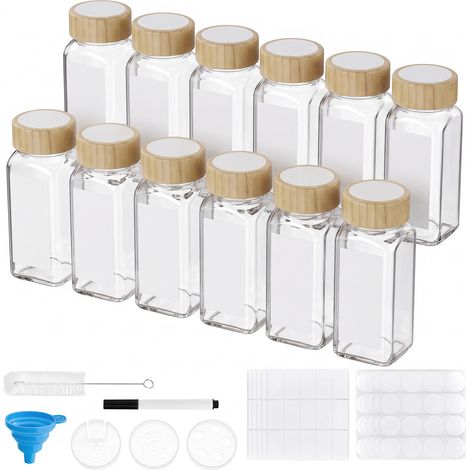 Lot de 12 Pots à Épices Hermétiques en Verre avec Couvercle en Bambou, 120 ml, Couleur Bambou Naturel (1/5)