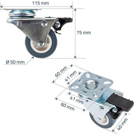 6720 Satz mit 4 Schwerlast-Doppelrollen mit Bremse, 50 mm Polyurethan, bis 400 kg, Grau-Crezuo