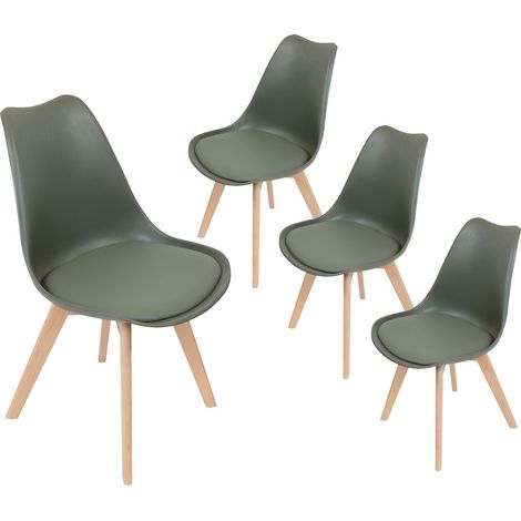 Altobuy – Lot de 4 chaises scandinaves kaki – Coque en polyéthylène et assise simili cuir – Piétement en bois massif – Hauteur d'assise 44 cm (1/5)