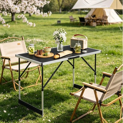 Mesa de camping plegable 100x60x73 a 94 cm, altura ajustable en 4 niveles, con asa, aluminio y MDF negro (1/5)