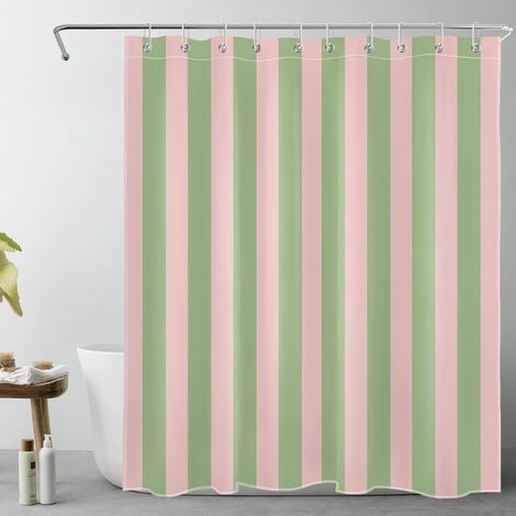 Cortina de ducha a rayas rosas y verdes, 150x160 cm, diseño vintage minimalista con 10 ganchos. (1/5)