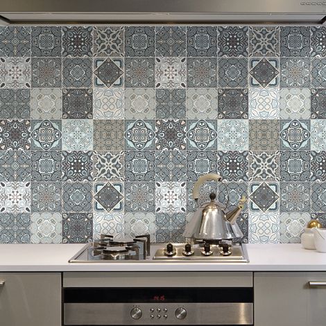 Sticker Mural Carrelage adhésif Cuisine Salle de Bain - 9 STICKERS CARREAUX DE CIMENT AZULEJOS HILARIO - 9stickers15x15cm (1/5)