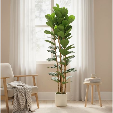 Ficus lyrata artificial 91 hojas, tronco de madera, maceta blanca, 55 x 55 x 180 cm, verde (1/5)