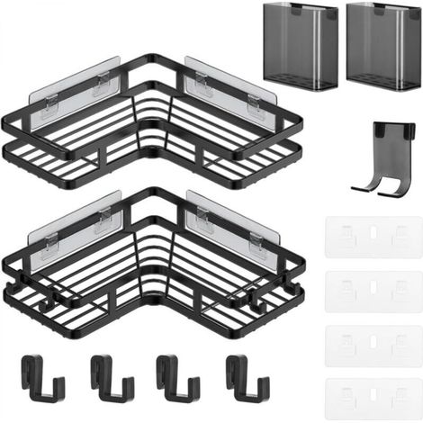2 No-Drill Shower Shelves, Black Corner Bathroom Shelf with Toothpaste Bucket and Razor Holder, Thick Rustproof Storage Shelf for Bathroom, Kitchen and Balcony (1/5)