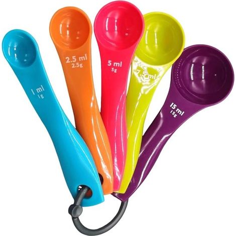 5-teiliges Messlöffelset, Dosierlöffel, Gramm, verschiedene Größen, mit farbigem Plastiklöffel (1/4)