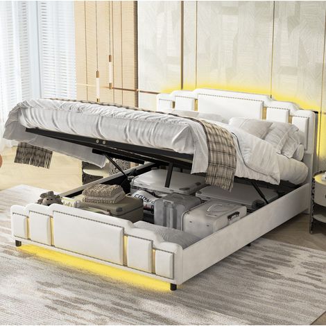 Cama doble moderna de terciopelo beige 160x200 cm con cabecero acolchado, arcón hidráulico y LED