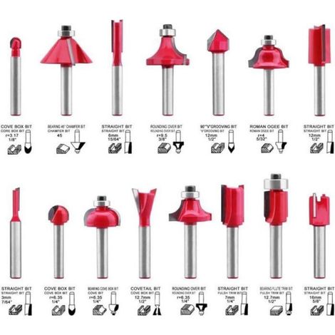 15pcs 6.35mm Tige Fraises à Défoncer Kit Coffret Fraise pour Defonceuse en Carbure de Tungstène Outil de Travail du Bois de Carbur (1/4)