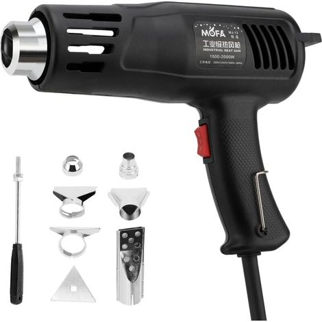 Pistola de calor de 1200 W, con ajustes de temperatura dual de 150 ℃ y 550 ℃, 7 boquillas, protección contra sobrecargas y mango antideslizante, ideal para termorretráctil. (1/4)