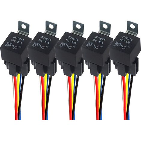 Relè per auto a 5 pin, 5 pezzi, relè per auto SPDT da 12 V 40 A con spina per cablaggio e precablato AWG 14/16, per auto, camion, barca (nero)