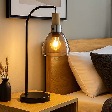 LED Tischleuchte Holzakzent Nachttischlampe Rauchglas Beistellleuchte Retro schwarz, Metall, 4W 320lm warmweiß, LxBxH 25x18x55 cm