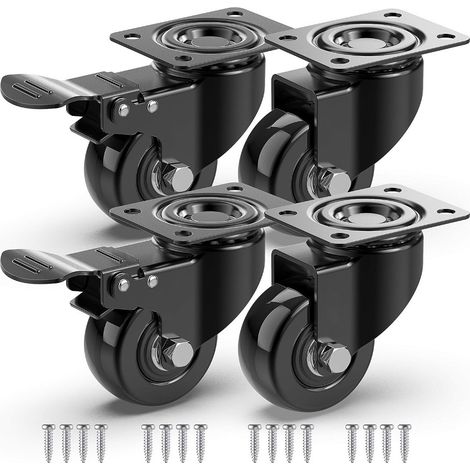 ruedas giratorias para muebles, 2 con freno y tornillos - 50 mm, hasta 200 kg - Ruedas antihuellas para cargas pesadas - Ruedas de goma para carros - Negras