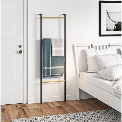 Scala portasciugamani 49 x 167,5 cm, 4 barre, in acciaio e bambù, nero OKMYHOME (1/5)