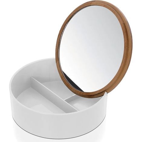 Porta trucchi da bagno tondo in plastica bianca e bambù completo di specchio