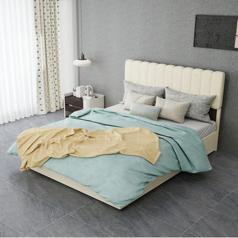 REDOM - Cama con almacenaje 140x200 cm, cabecero suave, estructura estable, montaje fácil, tela beige y metal(Sin colchón) (1/5)