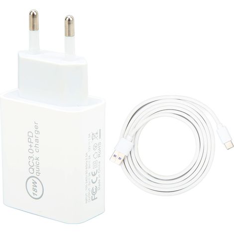 Chargeur Rapide Type C Double Port 18W Avec Cable 1.5m Pour Avata Prise Eu Blanc (1/5)