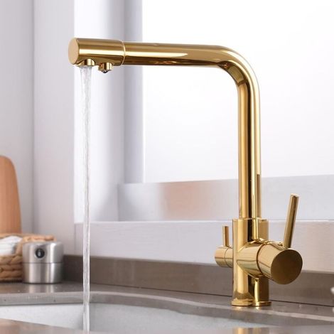 Dreiwege-Küchenarmatur, Goldfilter-Küchenarmatur, 360° drehbare Küchenarmatur mit 2 Griffen (Gold)