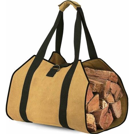 Toile Sac à Bûche Cheminée Sac de Rangement pour le Bois de Chauffage Grande Capacité Porte-bûches De Plein Air Porte-bûches en Bois Ciré avec Poignées Solide Sac de Transport en Bois(98x45CM) (1/5)