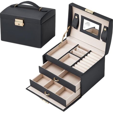 Coffret à bijoux grande capacité au design raffiné et élégant  idéal pour ranger boucles d’oreilles, bagues, bracelets et autres bijoux. Rangement à tiroirs avec 3 compartiments et 6 niveaux pour (1/5)