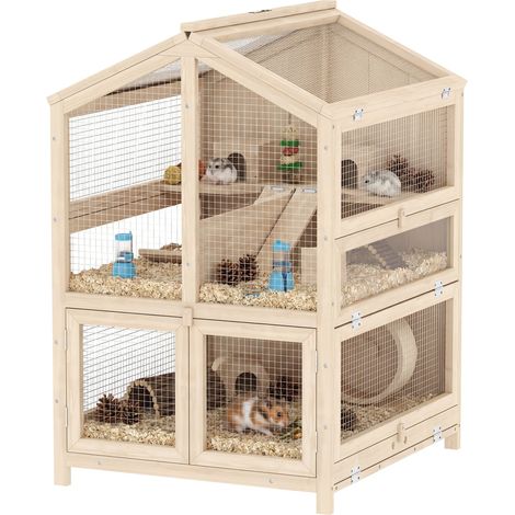 Cage hamster - PawHut - 3 étages, bac amovible, bascule, bouteille d'eau, cabane, couvercle ouvrant - bois - 68x61,5x90cm - naturel