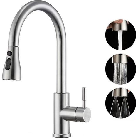 Robinet Cuisine avec Douchette Extensible Mitigeur - Rabattable Mitigeur Robinet Evier de Cuisine avec 3Douchette Modes, 360° Robinet Cuisine (1/4)