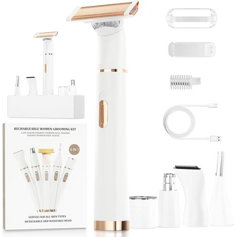 Tondeuse électrique 5-en-1 pour bikini pour femmes, rasoir et tondeuse rechargeables via USB-C pour le corps, le visage et le nez – Rasage sans douleur, sur peau sèche ou humide (1/5)