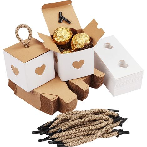 Belle Vous Lot de 50 Petite Boite Cadeau Blanche et Marron avec Coeurs - 5,5 x 5,5 x 5,5 cm Naissances(style 1) (1/5)