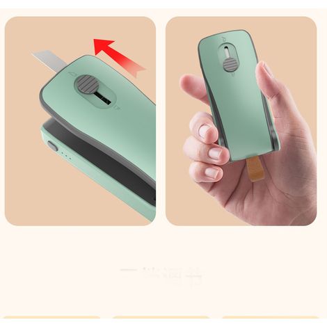 Mini scelleuse de sacs 2 en 1, thermosoudeuse et coupeuse, magnétique, portable, pour la maison, en polymère gris-vert, fonctionne sur piles. (1/3)