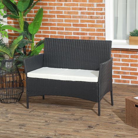 Canapé jardin 2 places coussin accoudoirs en rotin PE acier - Dimensions: 107x55x80cm - Couleur: Noir