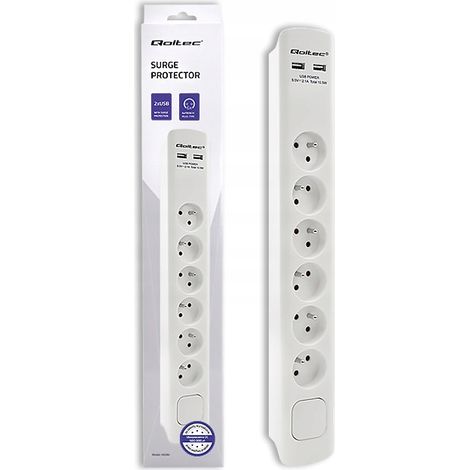 Ciabatta multipresa Qoltec con protezione da sovratensione, 6 prese, 2 porte USB, 1,8 m (1/5)