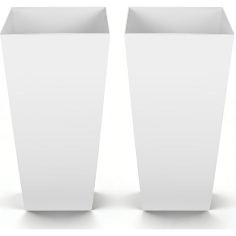 Jardinière Haute Lot de 2 Pot de Fleur Haut 66,5 cm pour Plantes Intérieur Extérieur Entrée Terrasse Jardin, avec Trous Drainage, Roulettes, Style Moderne Plastique, Forme Carrée Conique, Blanc (1/5)