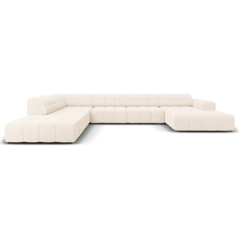 Canapé d'angle gauche panoramique 7 places chenille beige clair (1/5)