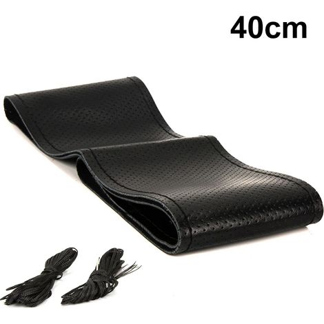 Housse de volant en cuir véritable noir (40 cm) 2026, accessoires de style automobile, étui fait main avec aiguilles et fil. (1/5)