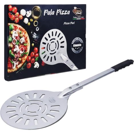 1 Pelle à pizza Aluminium, Surface perforée 25 cm, Poignée 45 cm, Pour four électrique et bois