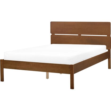 Bed Dark Brown Rubber Wood EU Small Double Size with Headboard Slatted Base Minimalistic Rustic Style BOISSET (1/5)