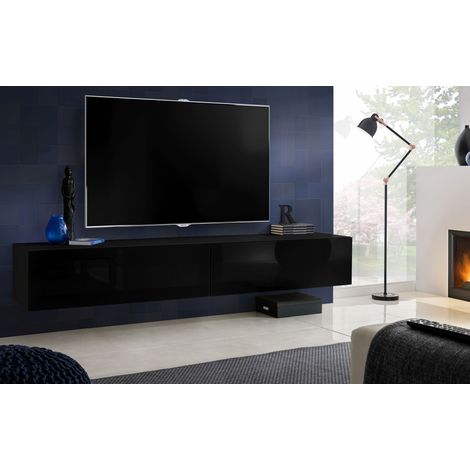 Komodee, Meuble Banc TV Loreto, Façade Brillant Noir/Corps Noir Mat, Largeur 200 cm x Hauteur 30 cm x Profondeur 41,5 cm, Style Moderne/Minimaliste, pour Salon, Chambre (1/4)