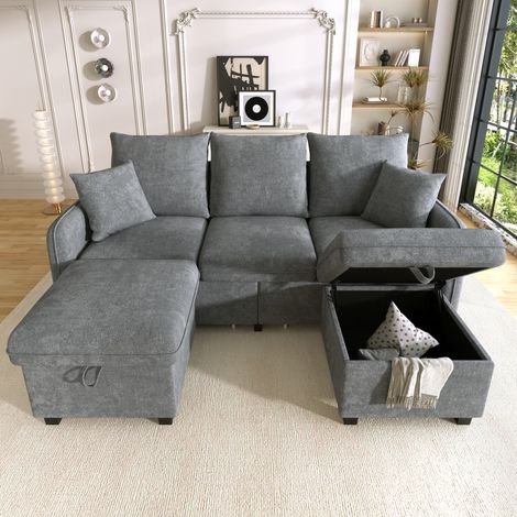 Canapé d’angle U convertible 3 places 188x186x86 cm, canapé modulable avec tiroirs et pouf coffre, rangement, chenille, Gris